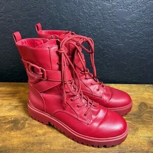 GUESS Red GWORANA Lace Up Buckle Combat Boots Women's Size 9.5 M